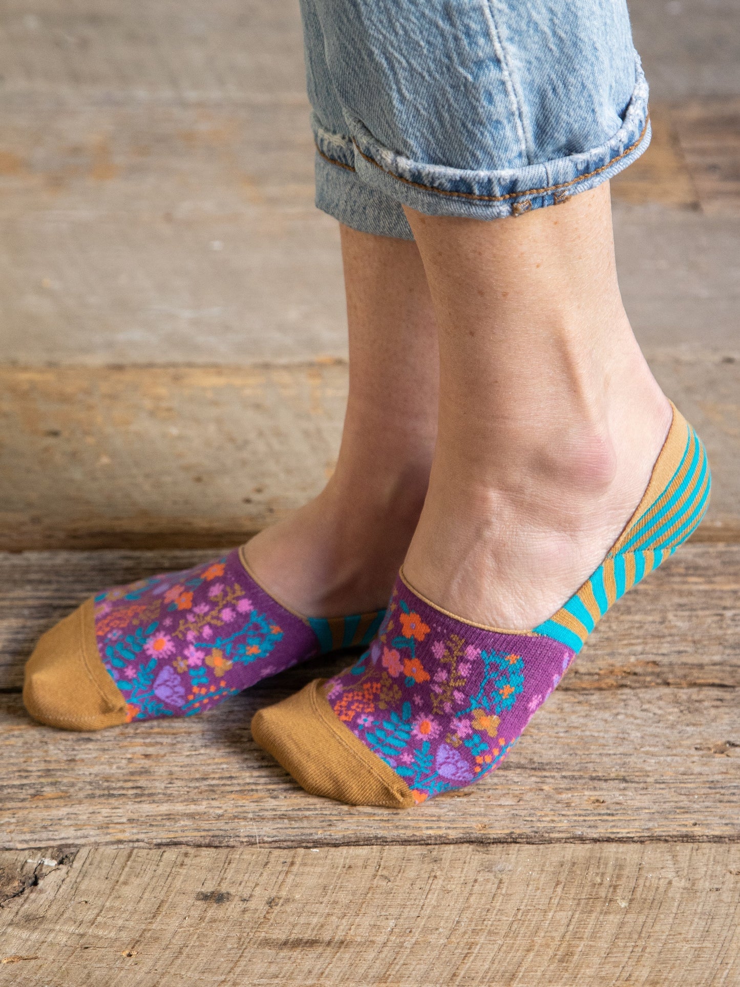 No Show Ankle Socks, Set of 2 - Dark Turquoise Floral
